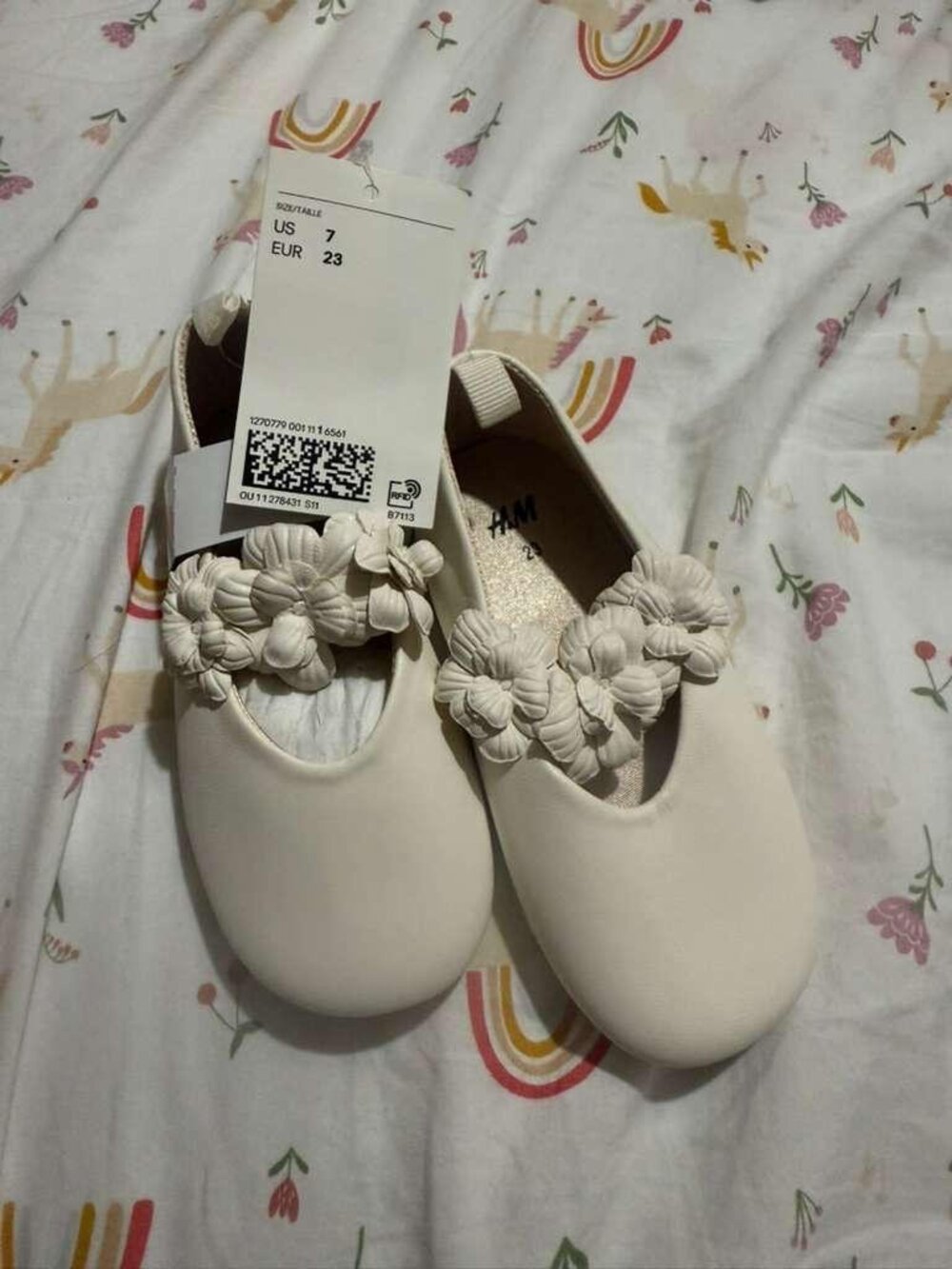 NWT H&M Toddler Girls 3D Floral Ballet Flats Off White Cream Shoes Size 7